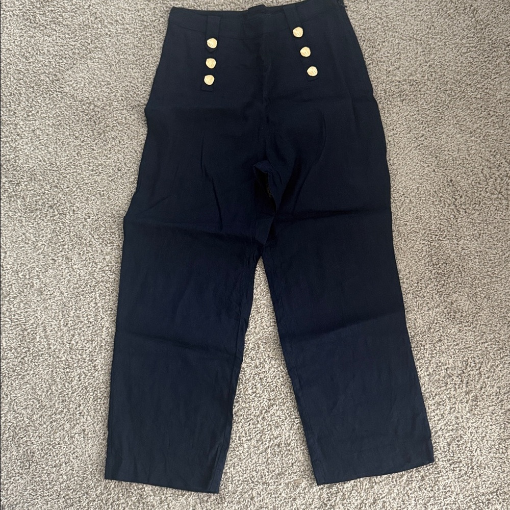 Halston Heritage Navy Linen Trousers with Gold Accents